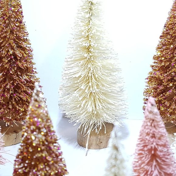 10pc Metallic Rose Gold Pink & Ivory White Mini Sisal Bottle Brush Trees Set - Picture 2 of 2